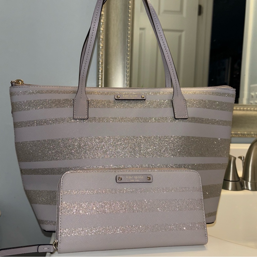 🔥 sale new Kate Spade set Hani Haven Lane Glitter Tote neda wallet purple gray